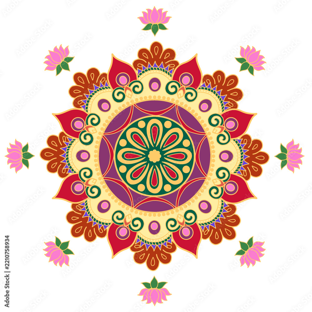 Fototapeta premium Rangoli design with floral symmetry and vibrant shapes suitable for backgrounds, decor, textiles, card designs, and festive celebrations.