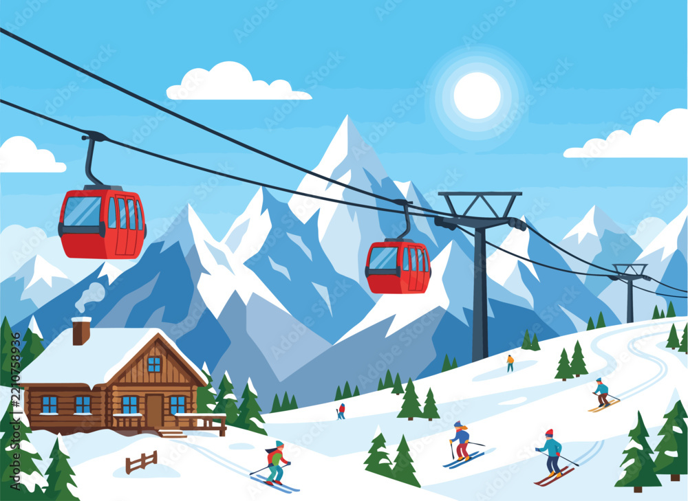Obraz premium Winter ski resort landscape with cable cars and people skiing in