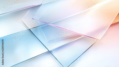 Translucent glass sheets layered in modern design create harmonious and elegant visual effect, showcasing light and color interplay