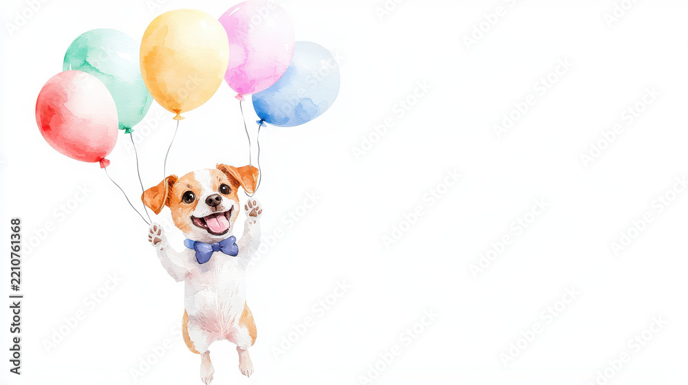 Obraz premium Cheerful dog holds colorful balloons, expressing joy and playfulness whimsical illustration. This delightful scene captures sense of celebration