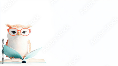 Cute owl wearing glasses reading book, symbolizing wisdom and knowledge. Perfect for educational themes