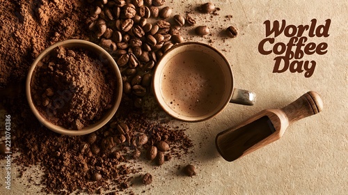 World Coffee Day flat lay with coffee powder, roasted beans, ceramic cup and wooden scoop arranged geometrically, World Coffee Day text in background, crisp overhead lighting
