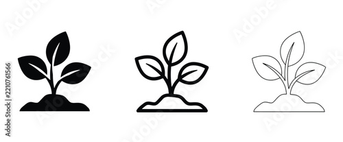 Sprout growing in soil icon with bold outline and line art, isolated plant growth vector illustration