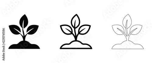 Sprout growing in soil icon with bold outline and line art, isolated plant growth vector illustration