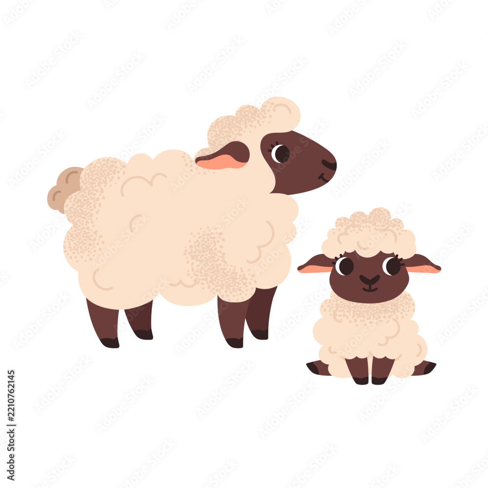 Fototapeta premium A sheep and lamb. Mother and child. Family. Farm animals. Cute cartoon pets. Vector illustration isolated on white background.