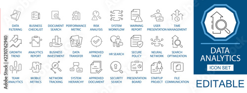 Data analytics line icon set. Featuring performance metric, risk analysis, search optimization, and neural network. Editable vector icon for business investment and growth trend.