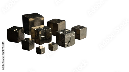 Natural pyrite mineral crystal cubes, raw cubic fool's gold mineral specimens, shiny metallic iron sulfide geology collection isolated PNG with Transparent Background