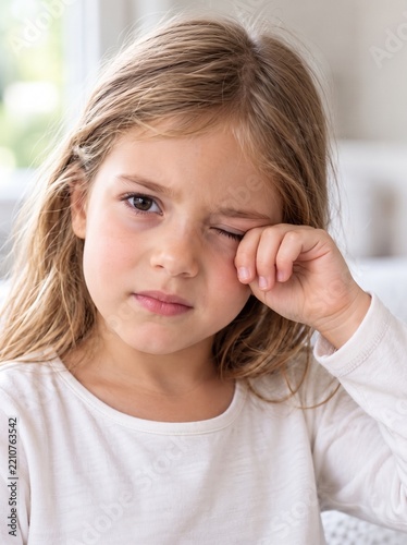 Girl rubbing itchy eye, looking concerned, indoor setting with natural light