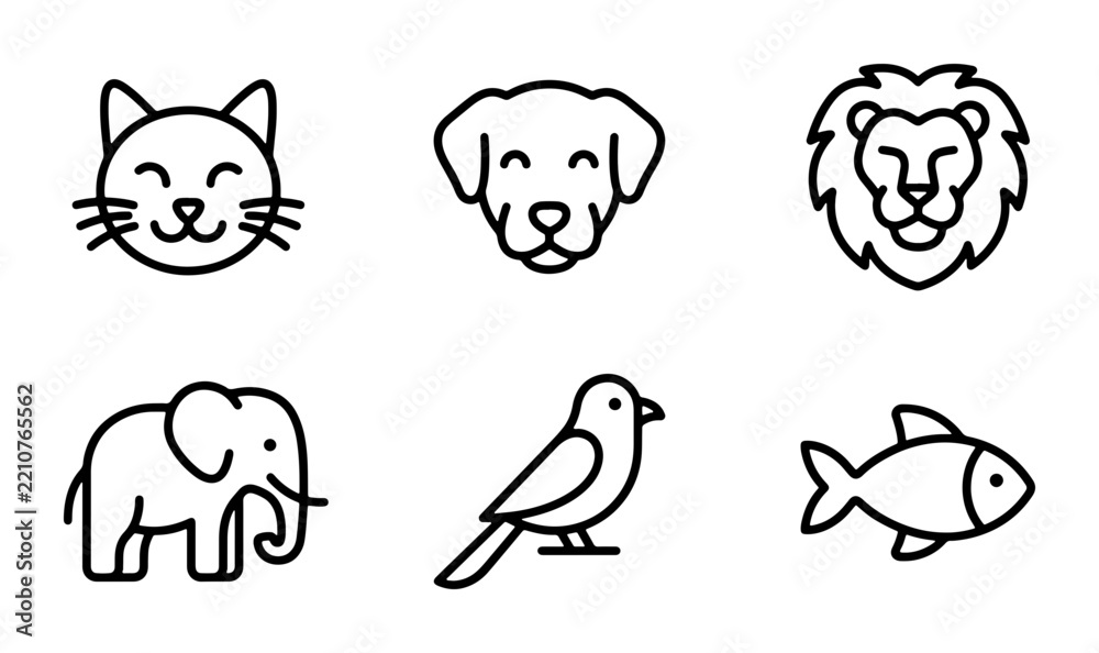 Fototapeta premium Animal line icons set with cat, dog, lion, elephant, bird and fish for apps and web