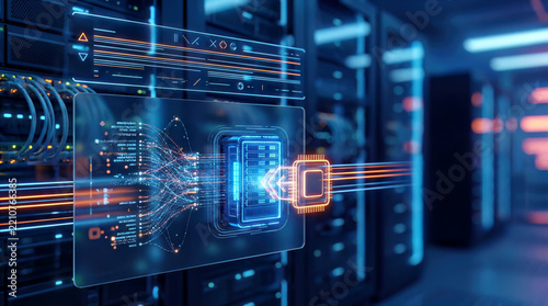 Data Center Server Room Infrastructure with Futuristic Digital Data Flow and Cloud Computing Technology Concept