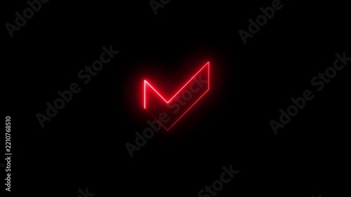 Animated red neon check mark arrow down icon with glowing chase light effect. Loopable neon down arrow drawing on black background. 4K.