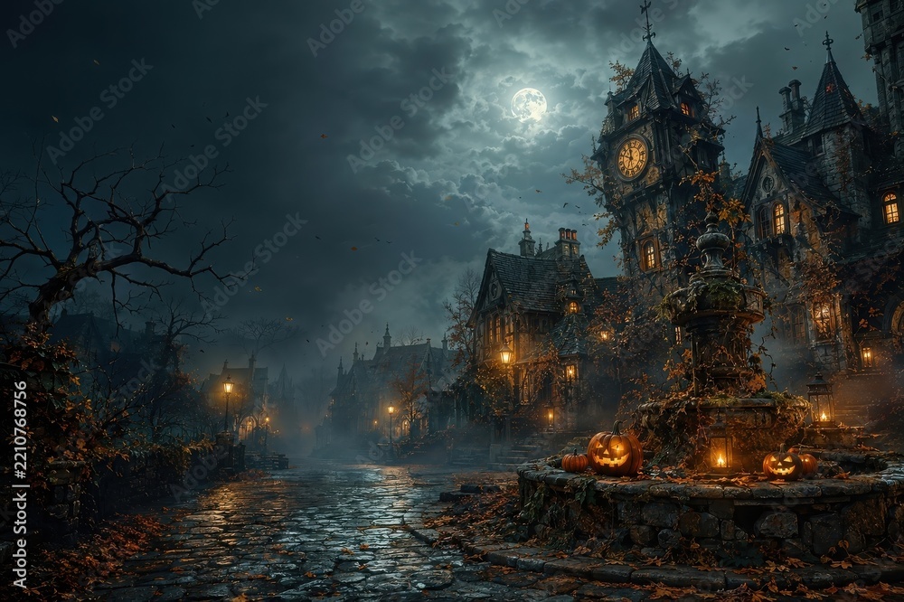 Obraz premium Moonlit haunted village with pumpkins beside Gothic clocktower
