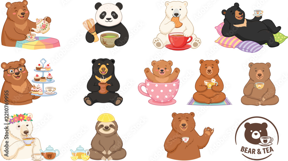 Obraz premium Cute Bear and Sloth Vector Illustration Set Featuring Adorable Panda Polar Grizzly Bear Characters Drinking Tea and Coffee with Cakes and Pastries