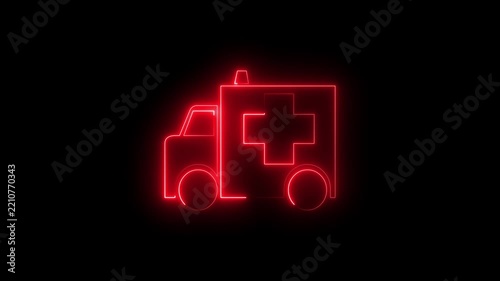 Animated red neon ambulance icon with medical cross and glowing chase light effect. Emergency 911 medical vehicle loop on black background. 4K loopable.