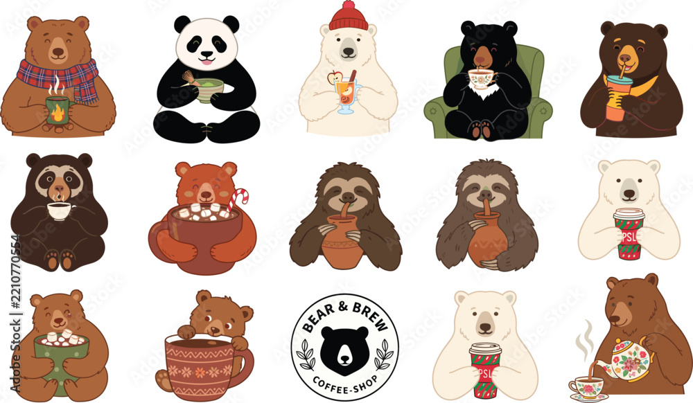 Obraz premium Cute Bear and Sloth Vector Collection Featuring Adorable Panda Polar Grizzly Bear Characters Drinking Coffee Tea and Hot Cocoa from Cozy Mugs