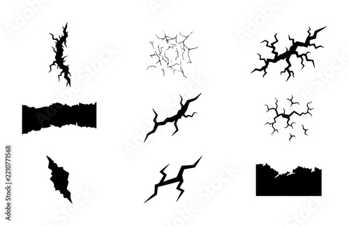 Crack silhouettes set with fissures, breaks and fissures for design