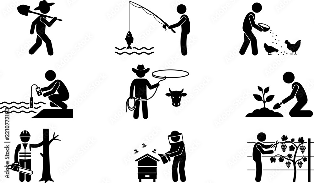 Obraz premium Farming Beekeeping Vineyard and Forestry Stick Figure Silhouette Icon Set
