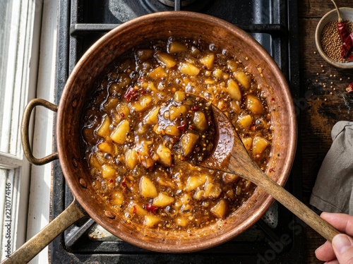 Spiced apple chutney simmering in a copper pan