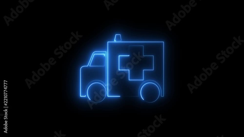 Animated blue neon ambulance icon with medical cross. Glowing chase light effect emergency medical vehicle loop on black background. 4K loopable.
