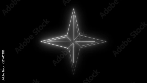 Animated white neon 4 point compass star icon with glowing chase light effect. Minimalist north star navigation symbol loop on black background. 4K loopable alpha.