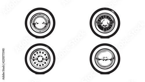 Vintage Car Wheels and Classic Whitewall Tires with Detailed Hubcaps in Vector Design and Illustration Style