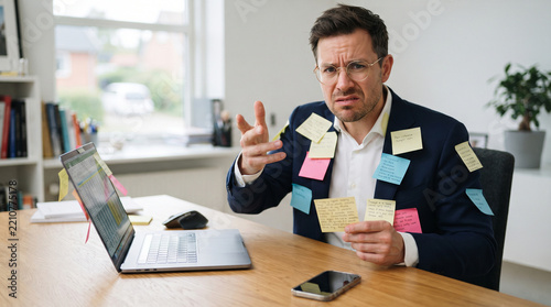 Stressed businessman covered in sticky notes gesturing angrily at an office desk