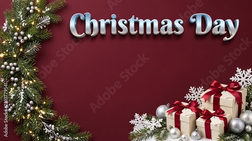 Christmas day lettering with festive decorations and gifts on a red background