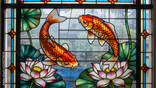Beautiful Stained Glass Window Depicting Japanese Koi Fish