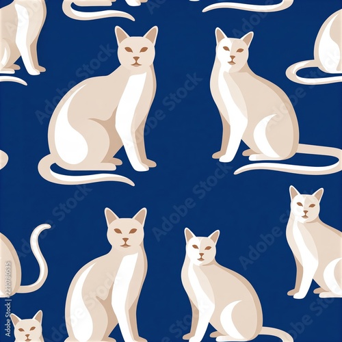 Seamless pattern of stylized beige cats on deep blue background, repeating design with clean lines and flat color blocks
