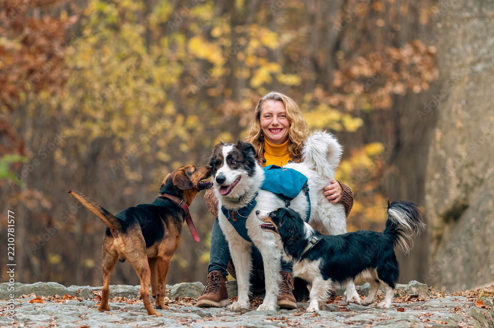 Obraz premium happy woman with dogs playing outdoors in autumn forest