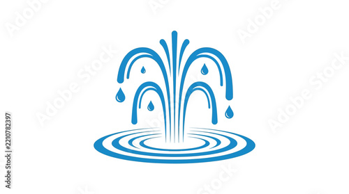 Bright blue vector water fountain graphic symbol featuring falling liquid drops and flowing ripples