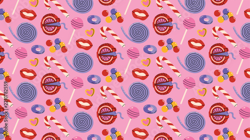 Cute cartoon pattern with colorful illustration of lollipops, bubble gums, caramel, candy canes, candies, chocolate, jelly fruit sweets and marshmallows on pink background for design and printing. 