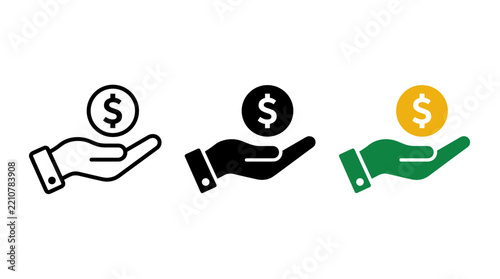 Hand holding coin icon in outline solid and color design variations business currency