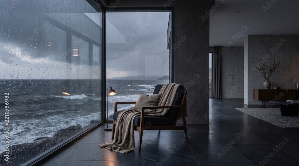 Fototapeta premium Cozy armchair in a minimalist room overlooking a stormy ocean view