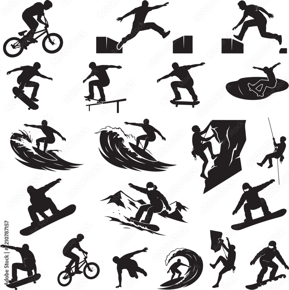 Obraz premium Extreme Sports Action Silhouettes Isolated Transparent Background