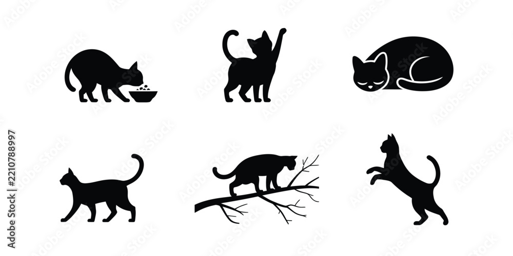 Obraz premium Set of six black solid silhouette icons of cats in various poses including eating, sitting, sleeping, walking, climbing a tree branch, and jumping
