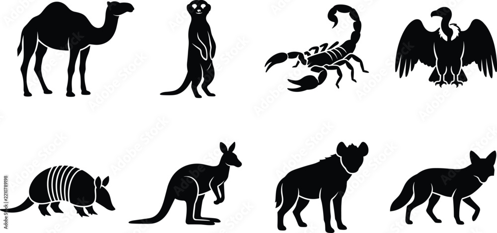 Obraz premium Desert animals silhouette vector collection featuring camel meerkat scorpion vulture armadillo kangaroo hyena and fennec fox
