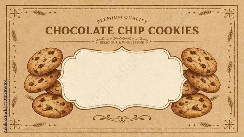 Vintage Chocolate Chip Cookies Label with Ornate Frame and Blank Space, Rustic Bakery Packaging Illustration for Homemade Sweets Branding