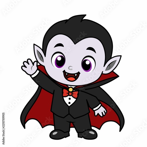 Cute Halloween vampire mascot character with fangs, cape, bow tie, and a cheerful waving pose in a cartoon vector style