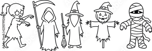 Set of spooky halloween characters as black and white line art with grim reaper