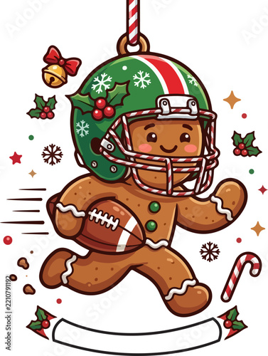 Gingerbread man football player ornament isolated on white background, festive holiday sports illustration.
