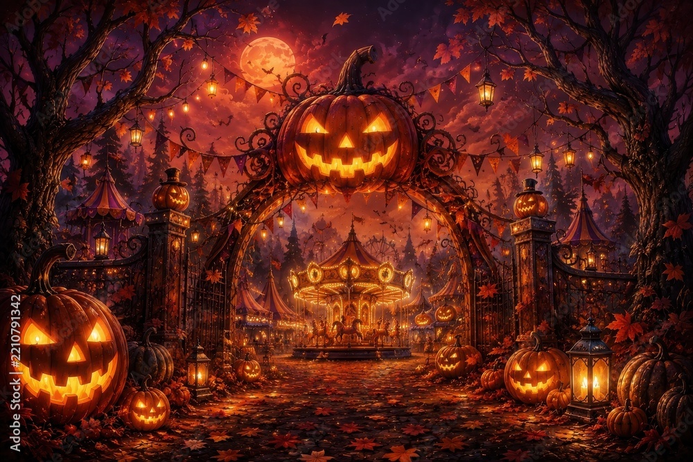 Obraz premium Enchanting Halloween carnival beneath glowing pumpkin arch
