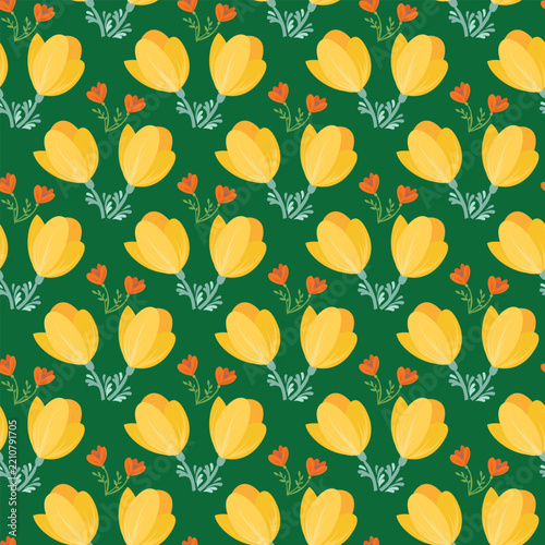 Vibrant floral pattern featuring yellow tulips and red buds on a green background.