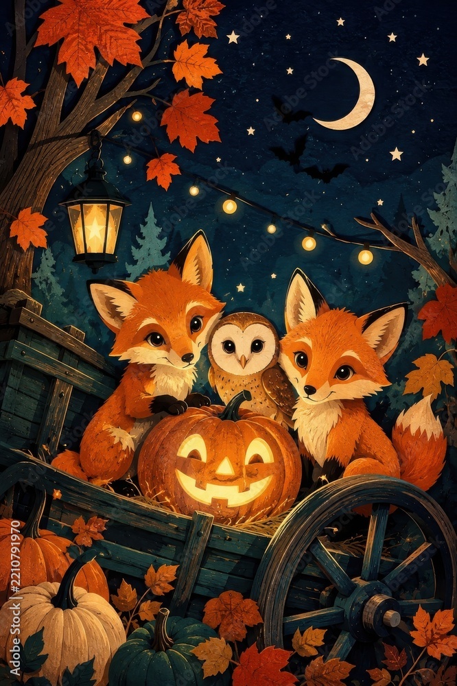 Obraz premium Whimsical foxes and owl beside glowing Halloween pumpkin
