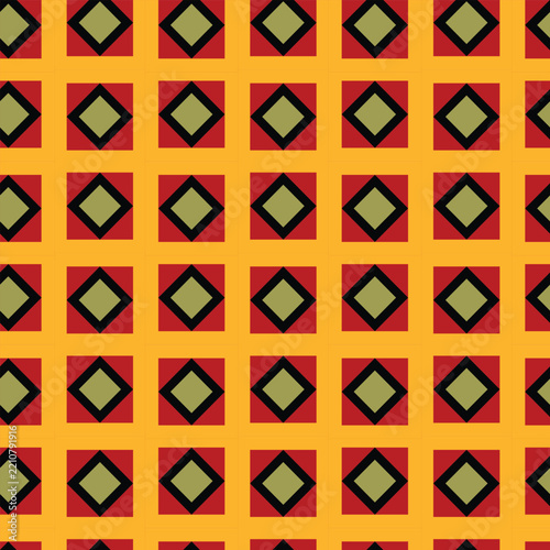 Vibrant geometric pattern featuring colorful squares and diamonds in orange, red, and olive green.