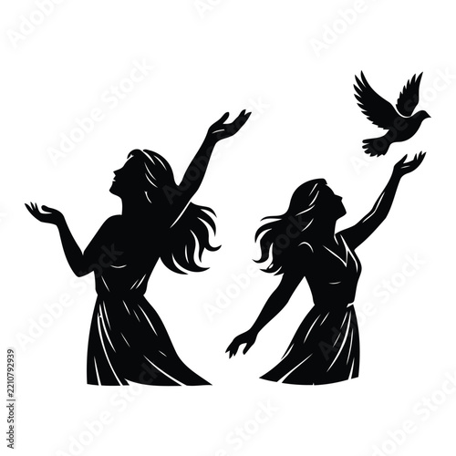Woman Releasing Dove Vector Silhouette - Freedom, Hope and Peace Illustration Set   