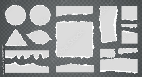 Set of Torn and Ripped White Paper Pieces, Blank Notes, and Torn Paper Strips Vector Illustration