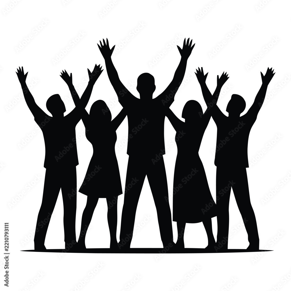 Fototapeta premium Group of People Cheering Vector Silhouette - Excited Friends with Hands Raised in Celebration 