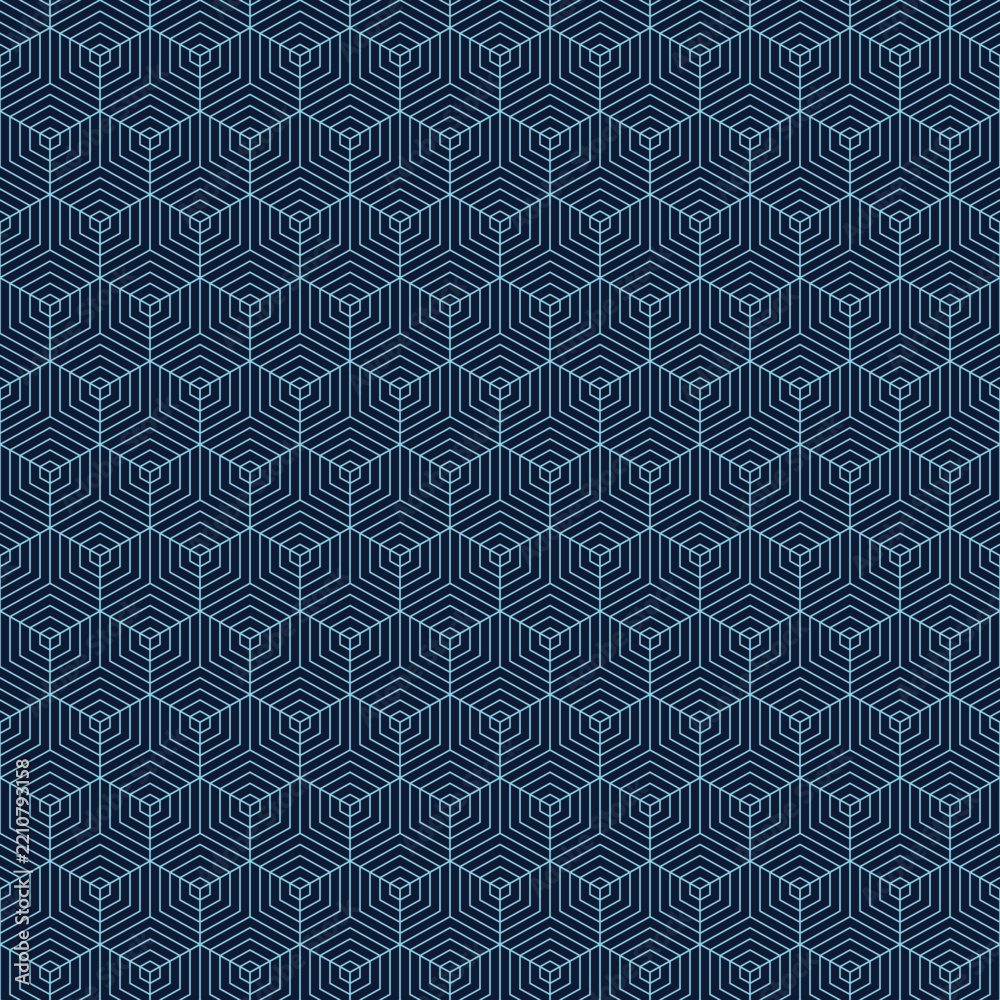 Obraz premium Modern geometric seamless pattern with thin light blue lines on navy background for professional graphic design backdrop.