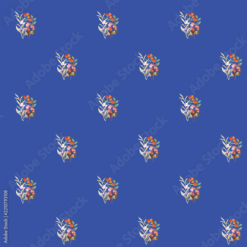 Vibrant floral pattern with blue background, showcasing colorful blooms and leaves.